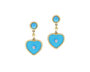 Yellow gold and turquoise heart earrings with two diamonds