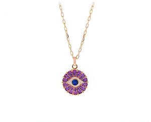 Rose gold sautoir with a pink and blue sapphire and diamond eye pendant