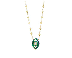 Yellow gold necklace with a tsavorite and diamond eye pendant