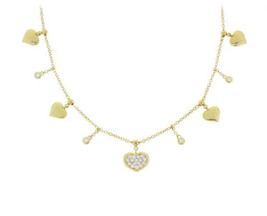 Yellow gold and diamond necklace with heart charms