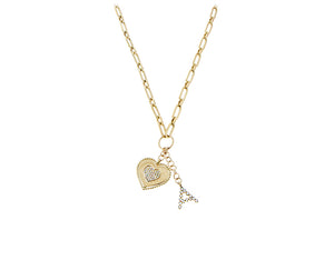 Yellow gold chain necklace with diamond heart and letter charm