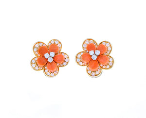 Rose gold, diamond and coral flower earclips