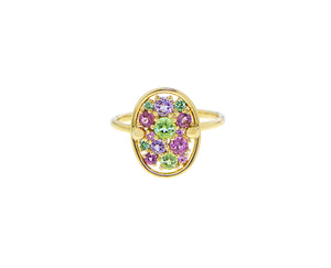 Yellow gold ring with an oval of peridots and pink sapphires