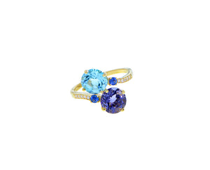 Yellow gold and diamond ring with blue topaz and sapphire