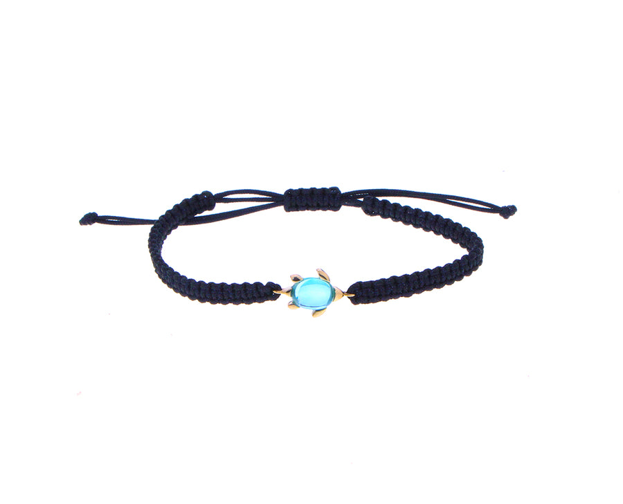 Knotted rope bracelets with a rose gold and gemstone turtle charm