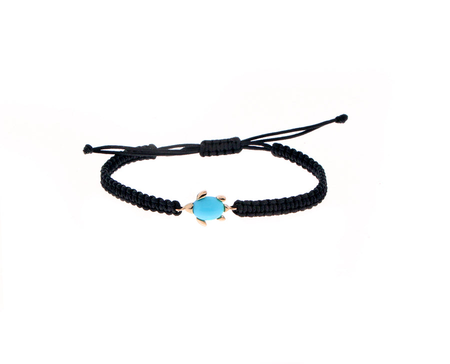 Knotted rope bracelets with a rose gold and gemstone turtle charm
