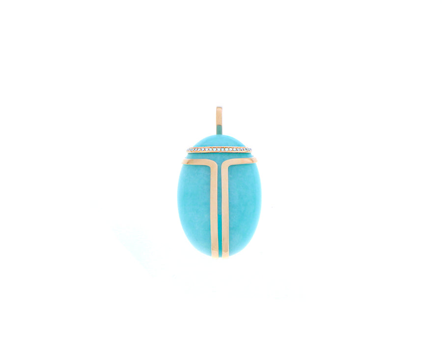 Rose gold and diamond cabochon cut malachite or amazonite scarab pendant