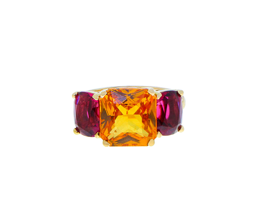 Yellow gold ring with citrine and sapphires or ruby