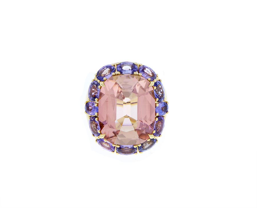 Yellow gold ring pink tourmaline and purple sapphires