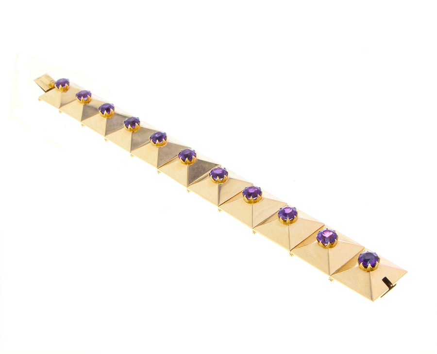 Yellow gold pyramid bracelet with amethysts