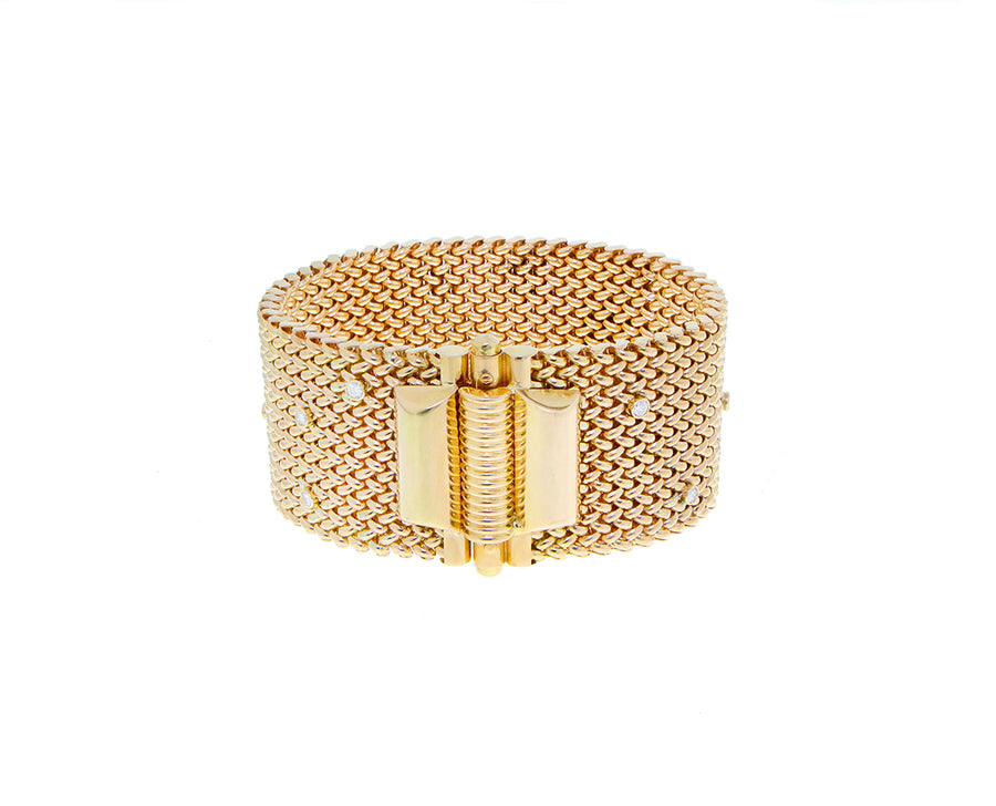 Yellow gold wide flat woven bracelet with diamonds