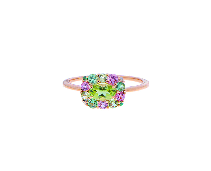 Rose gold ring with peridot, pink sapphires, tsavorites and diamonds