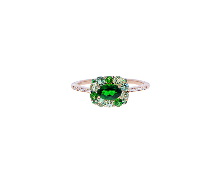 Rose gold ring with diopside, peridots, tsavorite and diamonds