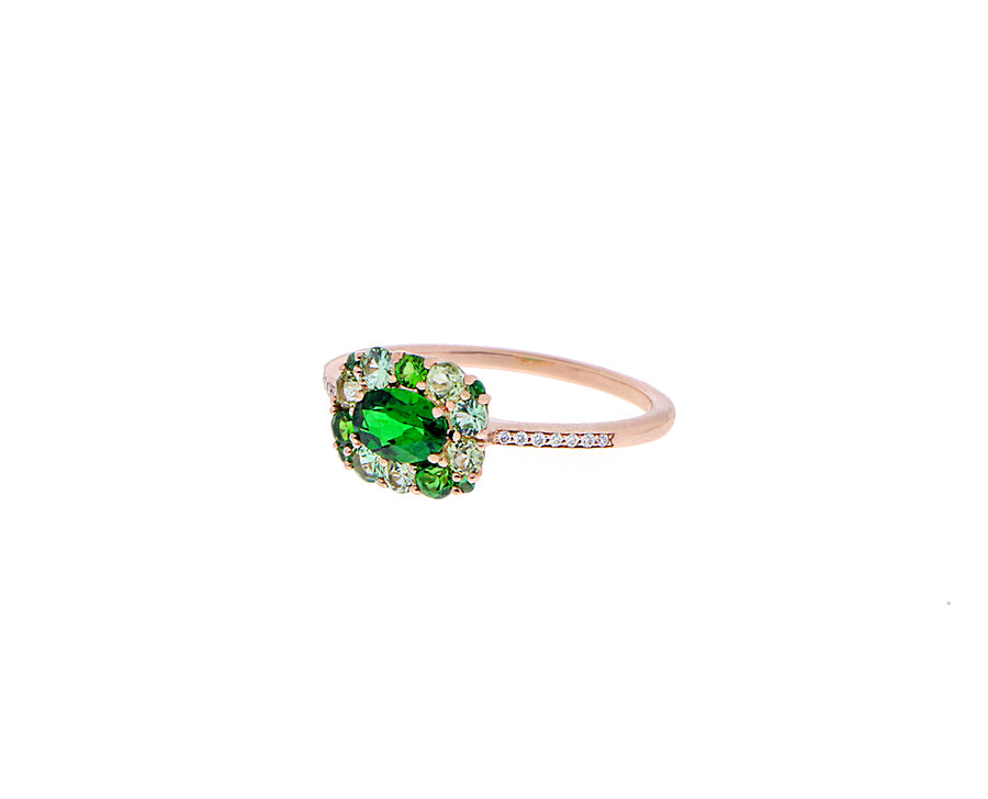 Rose gold ring with diopside, peridots, tsavorite and diamonds