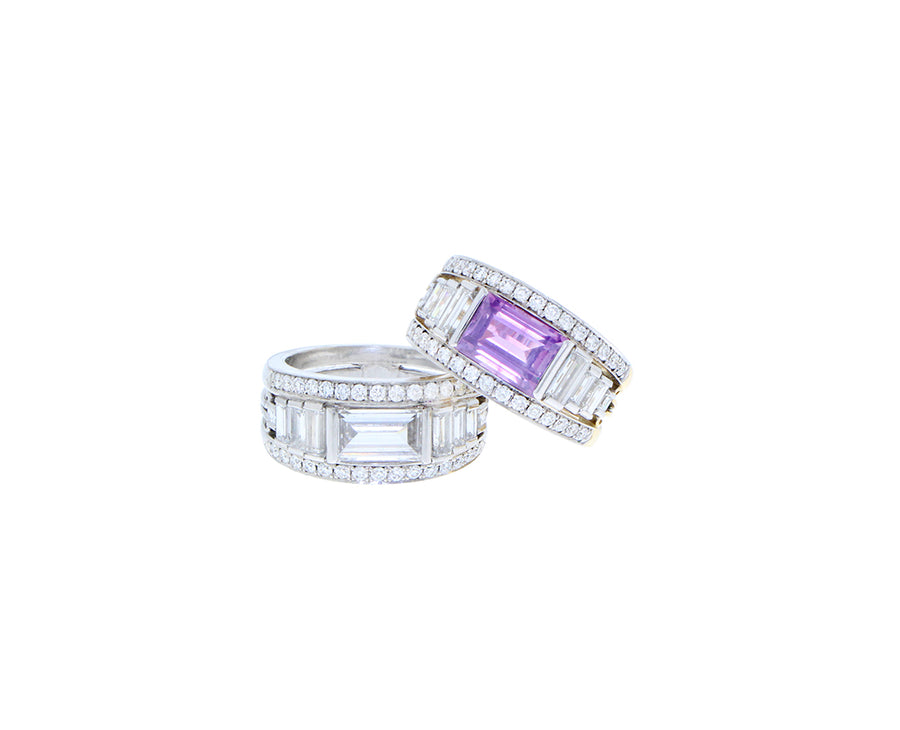 Wit- en geelgouden ring met diamanten en paarse saffier