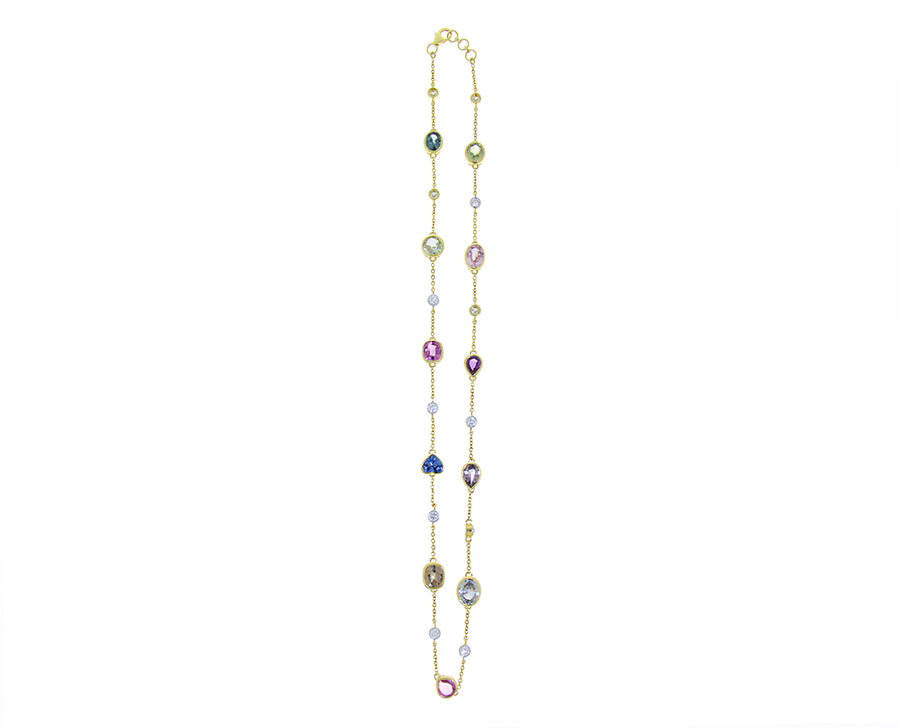 Yellow gold necklace with diamonds and sapphires in different shapes and colours