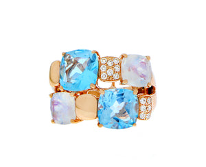 Roségouden ring met blauwe topaas, maansteen en diamanten