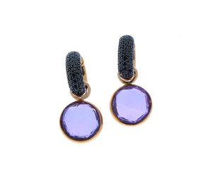 Rose gold and black diamond hoops with amethyst pendants