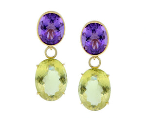 Yellow gold earrings with amethyst and lemon citrine pendants