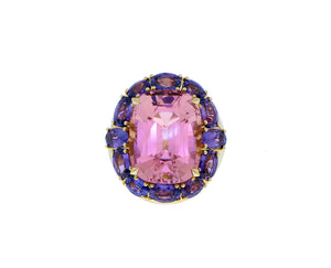 Yellow gold ring pink tourmaline and purple sapphires