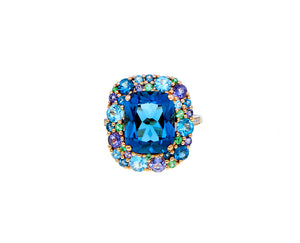 Rose gold ring with London blue topaz, blue topaz, iolite, tsavorite and diamonds