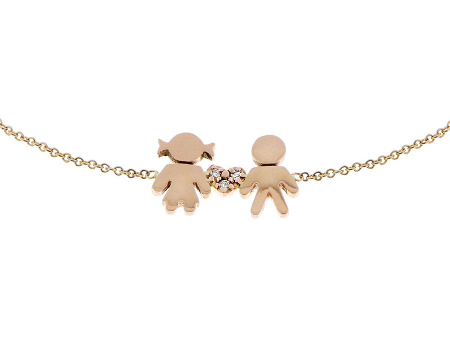 Rose gold bracelet with girl&boy and a diamond heart charm
