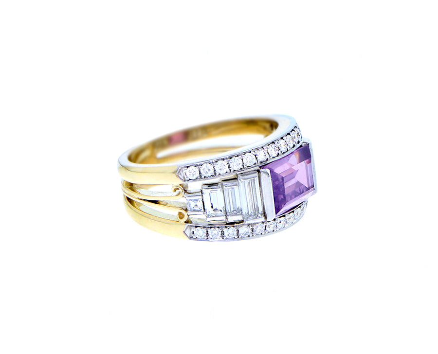 White and yellow gold ring with diamonds and purple sapphire