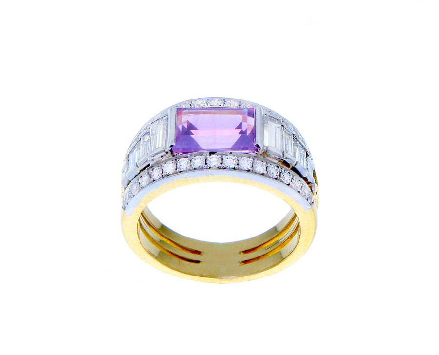 White and yellow gold ring with diamonds and purple sapphire