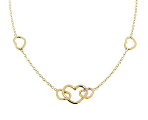 Yellow gold necklace with open heart charms
