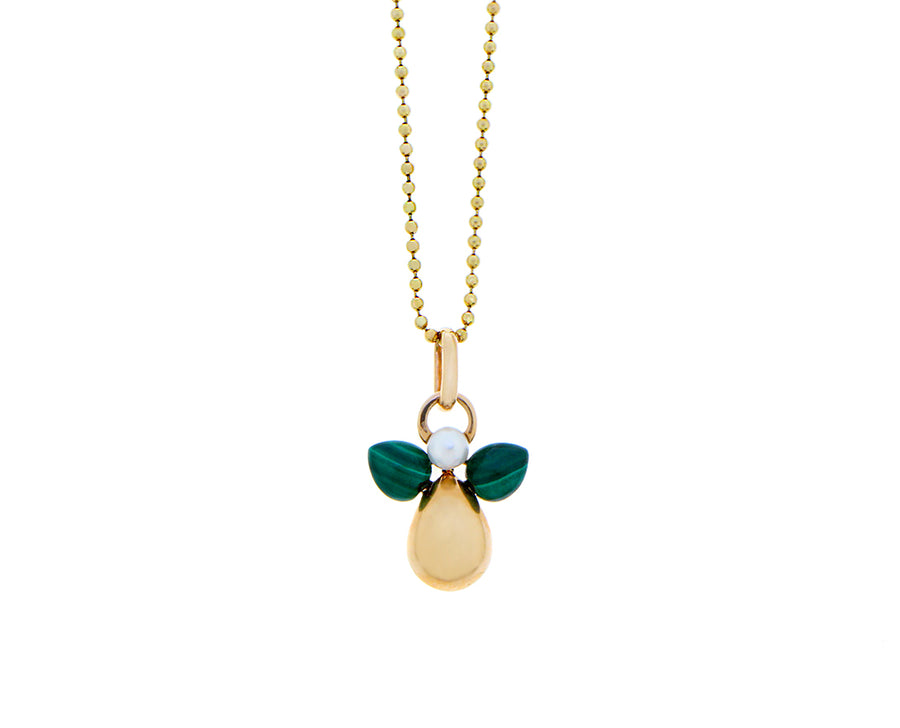 Rose gold angel pendant with a small diamond, pearl and malachite