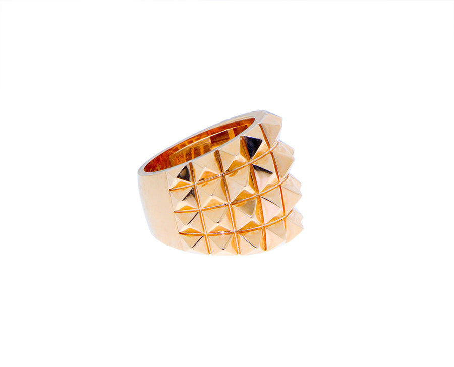 Yellow or rose gold ring with four rows of studs