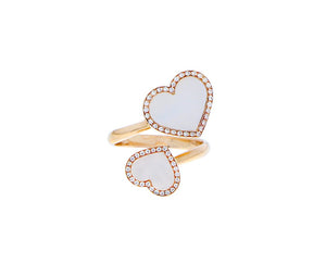 Rose gold ring with 2 mother of pearl and diamond hearts