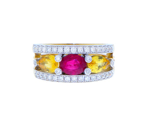 Geelgouden ring met diamant, robijn en gele saffier