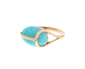 Rose gold scarab ring with a small diamond and amazonite