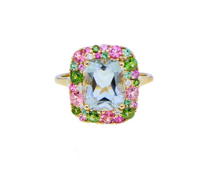 Rose gold ring with green quartz, pink & green tourmaline and pink sapphire