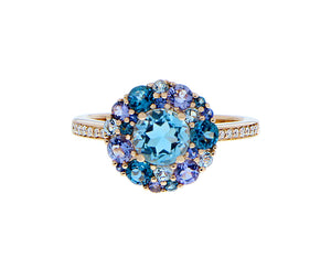 Rose gold ring with blue topaz, iolite and diamonds