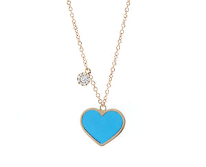 Roségouden collier met een turquoise hart en een hanger bezet met diamanten