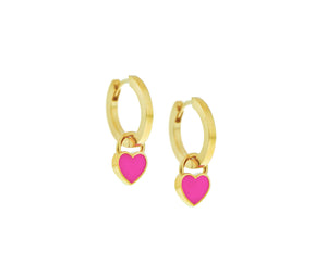 Yellow gold small hoop earrings with pink enamel heart pendants