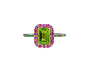 Rose gold ring with peridot, pink sapphires and tsavorites