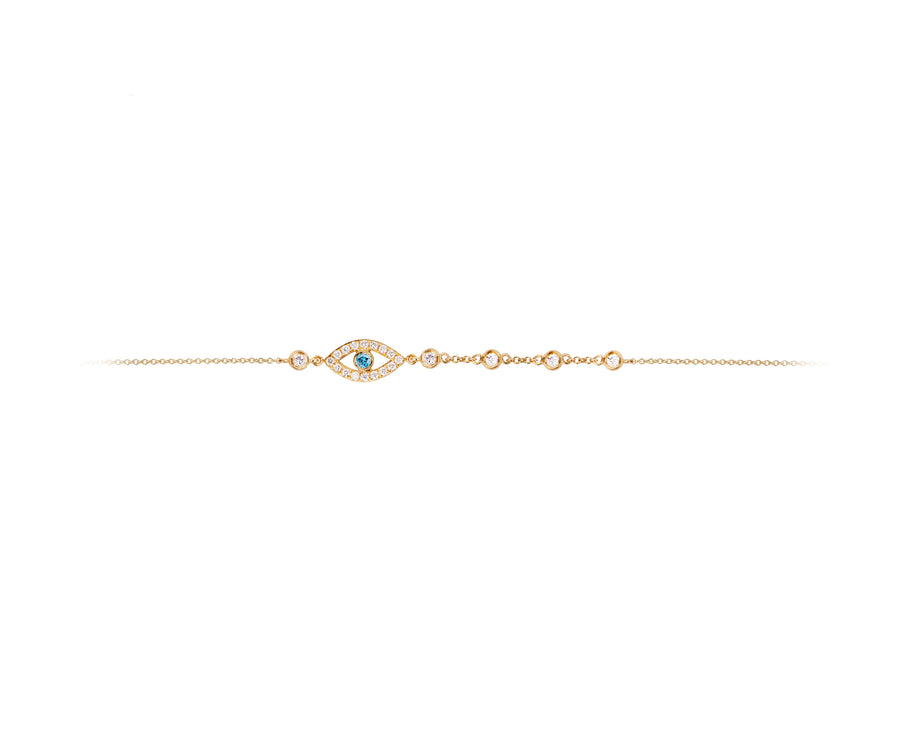 Yellow gold bracelet with a diamond eye and 5 diamonds