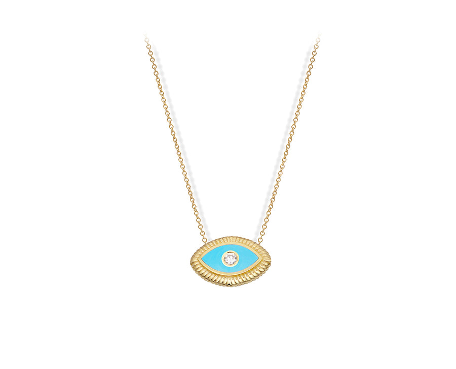 Yellow gold necklace with an turquois and diamond eye