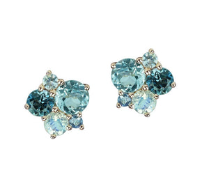 Rose gold ear studs with blue topaz, rainbow moonstone and sapphire