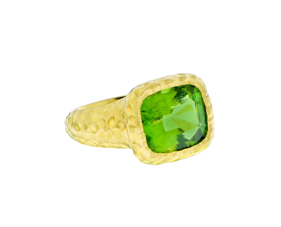 Yellow gold rings with peridot and tourmaline