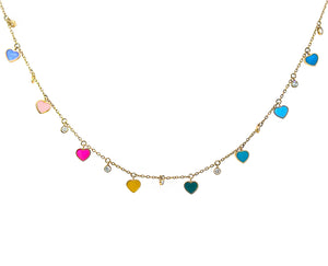 Yellow gold necklace with enamel hearts and diamond charms