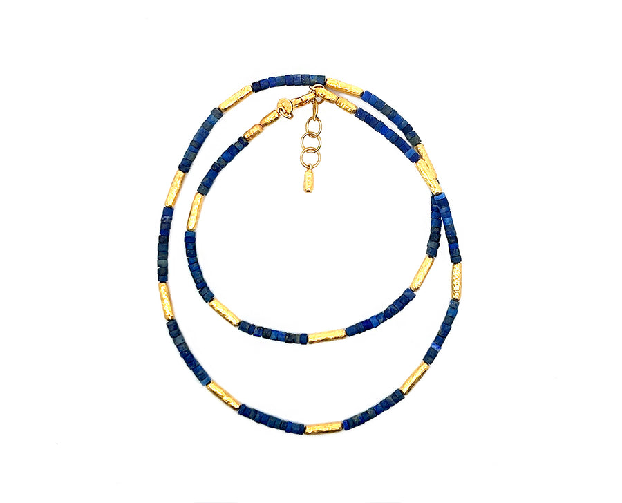 Yellow gold bead necklace with lapis lazuli or turquois and diamonds