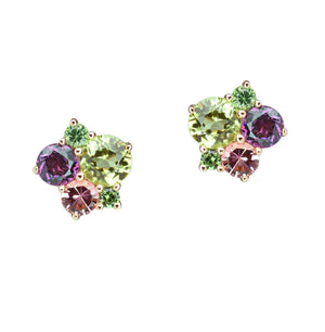 Rose gold ear studs peridot with rhodolite and pink tourmalines