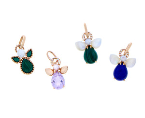 Rose gold, diamonds, pearl and various gemstone angel charm pendants