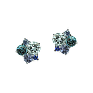 White gold ear studs with blue topaz, london blue topaz, iolite and sapphire