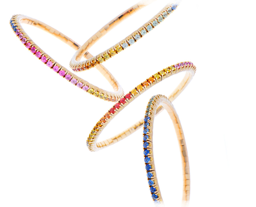 Rekbare regenboogtennisarmband in roségoud en saffieren