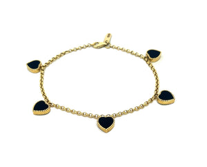 Yellow gold bracelet with tiny onyx hearts